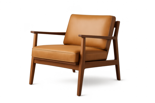 Stylish modern tan leather armchair with wooden frame, isolated on transparent background - Powered by Adobe