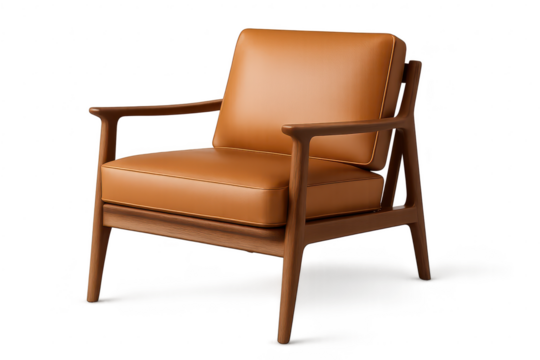 Luxury brown leather armchair on transparent background, comfortable design.