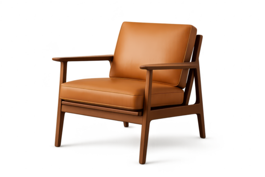 Modern caramel leather and wood armchair isolated on transparent background.