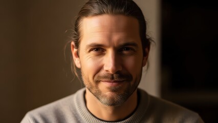 Obraz premium Caucasian male adult with long hair smiling in natural light