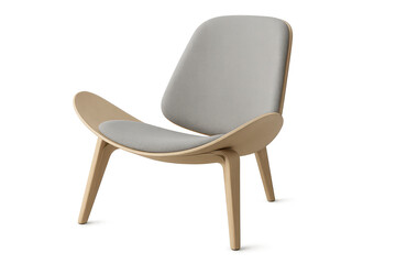 Modern wooden chair, grey upholstery, cutout on transparent background.