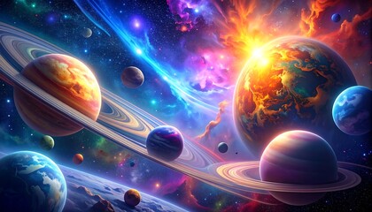 Vibrant space scene with planets, rings, stars, and colorful nebulae against a dark cosmic background