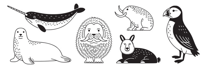 A collection of arctic animals including a narwhal seal puffin and other creatures in black and white
