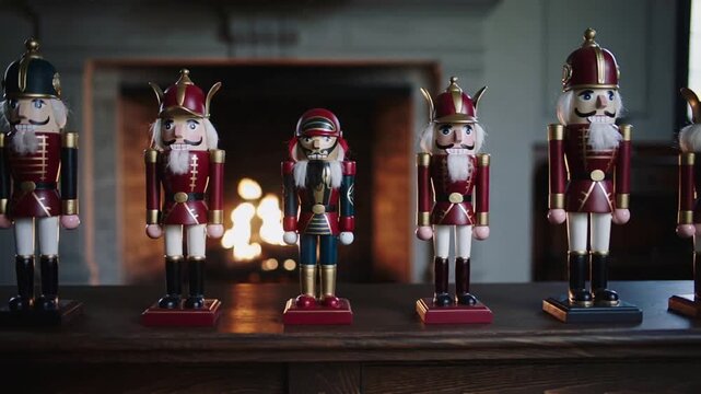 Nutcrackers of varied sizes line a mantel above a glowing fireplace, the camera gliding past their carved faces as firelight flickers over polished paint and casts richly nostalgic holiday shadows.