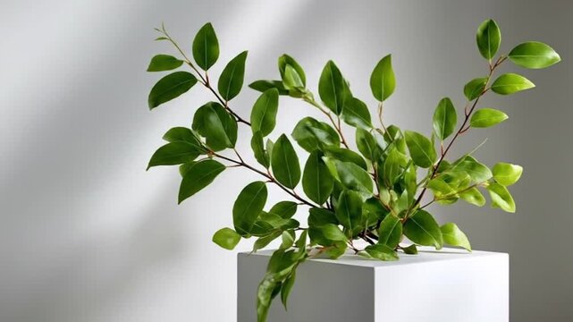 Green leaves on brown stems sprout from a white cubic base against a gradient gray background with soft lighting