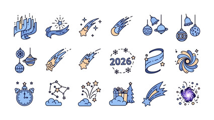 Celestial Celebration: Festive icons of comet, Christmas, new year decoration, constellations, giftbox, clock and fireworks. 