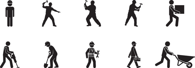 Construction Worker Icons – Builder, Engineer, Labor Silhouette Vector Set, Industrial Safety Symbols