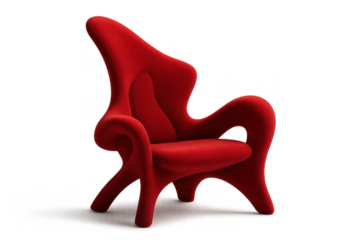 Vibrant red sculptural armchair isolated on transparent background, modern comfort.