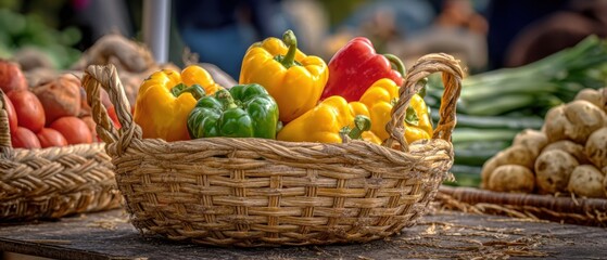 The Basket of Colorful Bell Peppers at an Outdoor Farmers Market