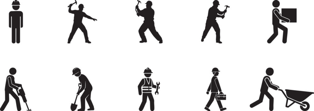 Construction Worker Icons &ndash; Builder, Engineer, Labor Silhouette Vector Set, Industrial Safety Symbols