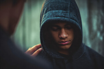 Young man in dark hoodie looking down with somber expression while another person gently places hand on his shoulder in supportive gesture outdoors
