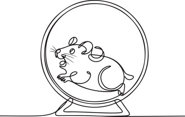 Continuous Line Art Illustration of Hamster Running on Round Wheel