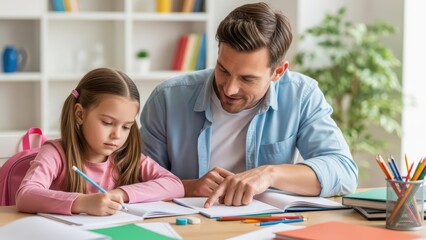 Caucasian male adult helping caucasian female child with homework in bright home study area