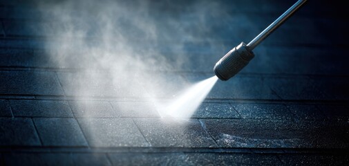 The Pressure Washer Nozzle Cleaning Dark Roof Tiles with Powerful Water Spray