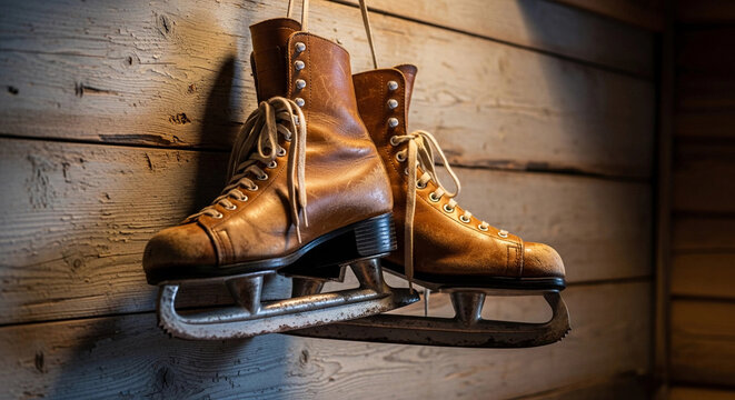 A pair of vintage brown ice skates hanging on a wooden wall. The skates have white laces and metal blades, showcasing a classic design.