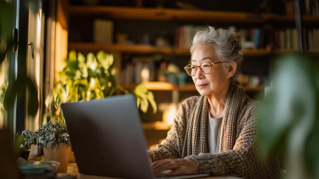 日本人の高齢女性が自宅で学習する様子