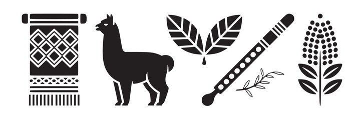 Illustration of a rug, llama, leaves, flute, small branch and a plant with berries in black and white