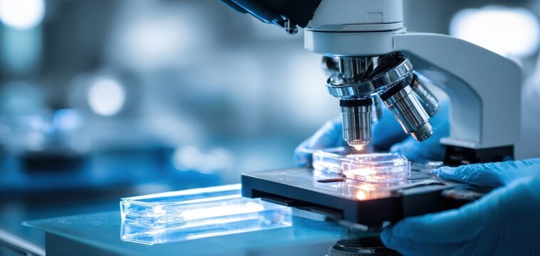 The Microscope Focused on Illuminated Petri Dish During Laboratory Research and Scientific Analysis