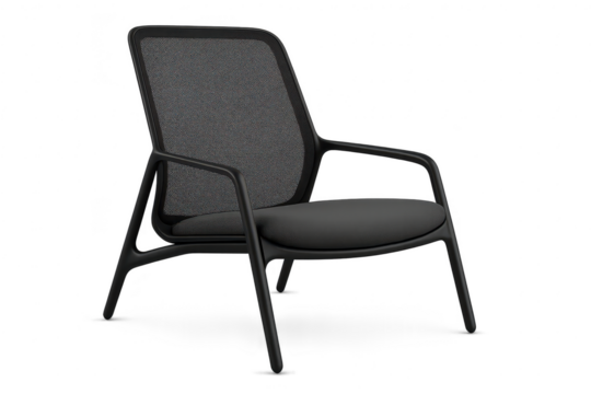 Modern black office chair with mesh back isolated on transparent background
