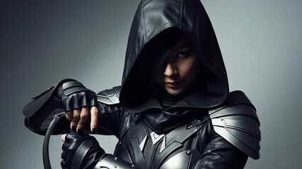 Mysterious hooded warrior woman with sword and armor posing dramatically.