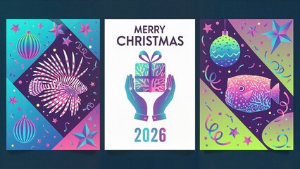 Christmas card featuring coral fish and festive decorations with a central greeting and vibrant colors