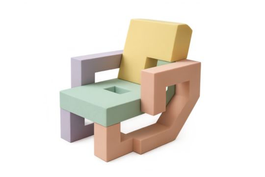 Modern minimalist pastel geometric chair, isolated on transparent background.