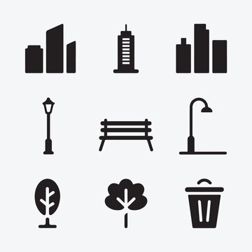 Urban and City Park Environment Black Solid Icons Set: Skyline, Trees, Street Furniture
