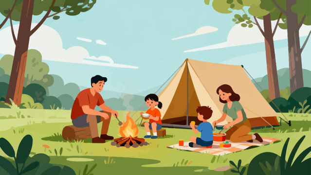 In this bright illustration, a family camps by a river: the father sets up a tent, the mother cooks, and the kids play with toys on a picnic blanket, surrounded by green mountains.