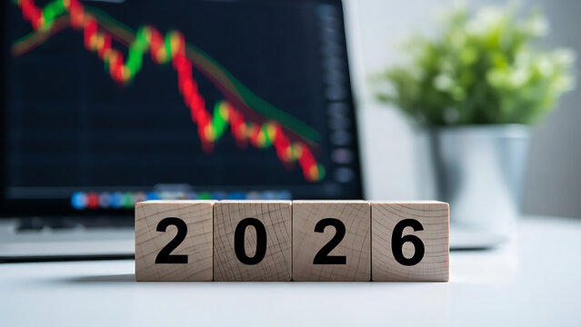 Wooden blocks display the year 2026 with a stock market graph on a laptop screen
