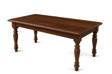Elegant dark wooden table with classic turned legs isolated on transparent background