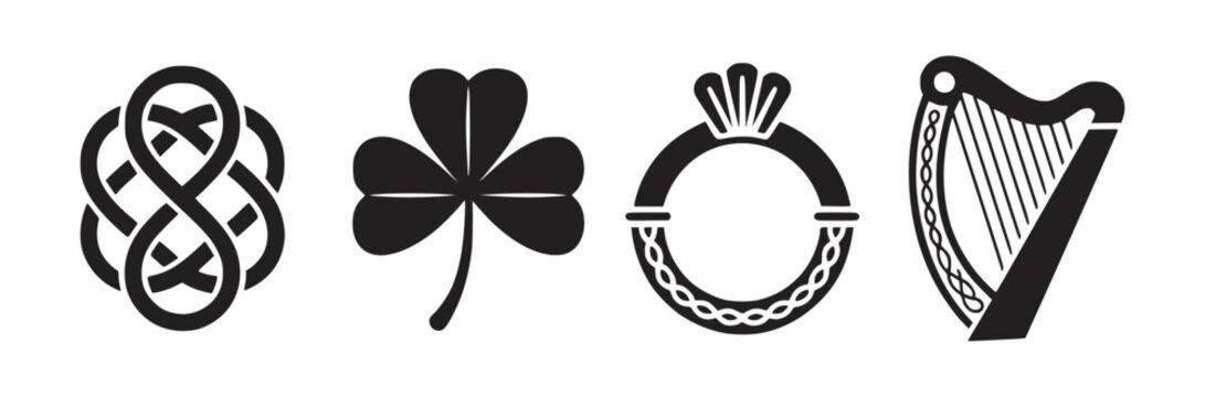 Black and white vector illustration of celtic knot shamrock claddagh ring and harp symbols set