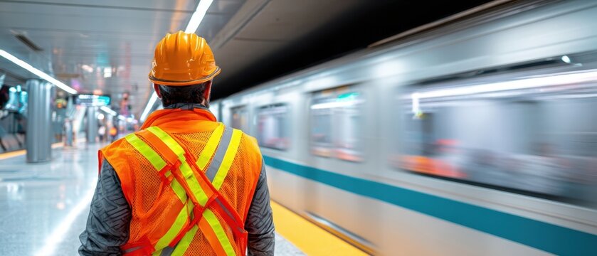The construction worker in reflective vest watches a speeding subway train at platform