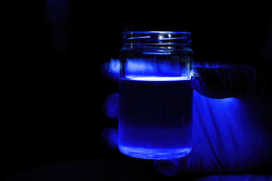 Luminol reaction with blood creates glowing effect in glass jar held by gloved hand in darkness, highlighting forensic science and chemical detection
