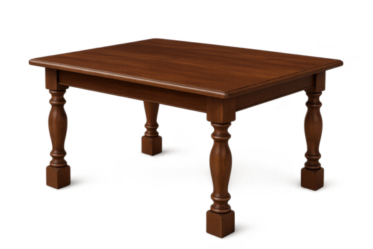 Elegant wooden dining table with ornate turned legs isolated on transparent background.