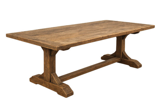Old rustic wooden table with trestle base isolated on transparent background.