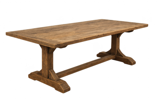 Old rustic wooden table with trestle base isolated on transparent background.