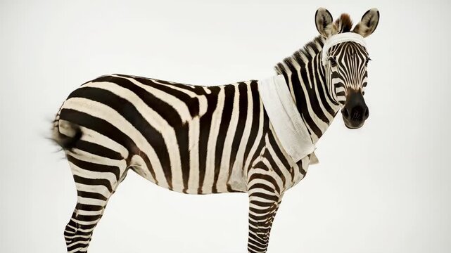 A zebra stands with a white bandage around its head and neck set against a plain background