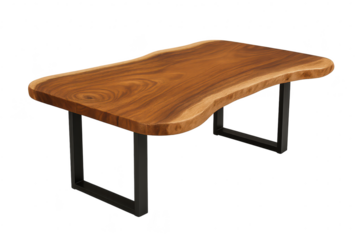 Live edge wood table, black legs, isolated on transparent background.
