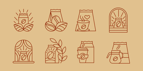 Set of Coffee Packaging Line Icons. Minimal Outline Coffee Bags, Logo Elements, Vector Graphic