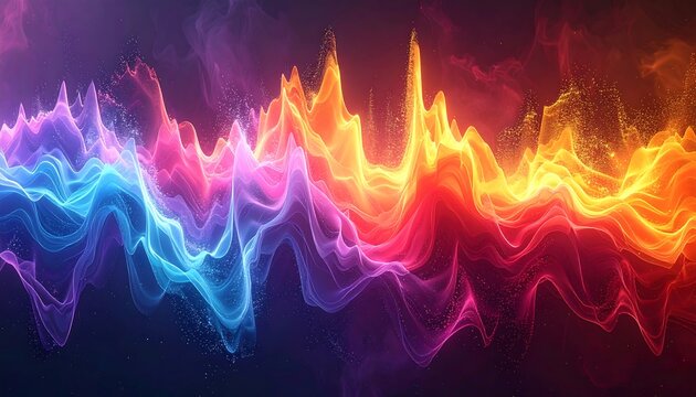 Vibrant, undulating abstract waves flow seamlessly, shifting from cool blues to fiery oranges on a dark backdrop