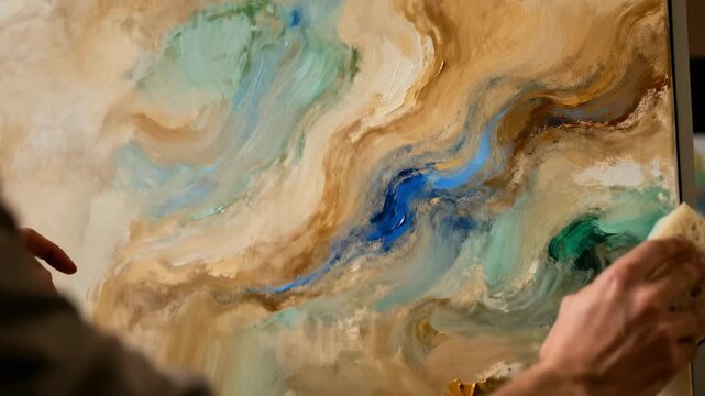 Craftsman blending colors with sponging approach generating soft marbled texture on canvas backdrop highlighting rich tones and subtle gradients.