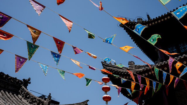 Traditional temple with colorful flags in Xian, China