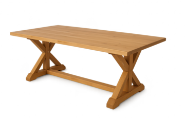 Rustic wooden dining table with X-shaped legs isolated on transparent background