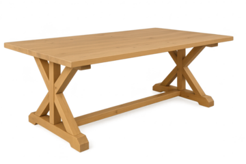 Large rustic wooden dining table with trestle base, isolated transparent