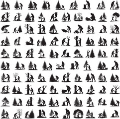 Person cutting down pine tree silhouette set isolated on white background