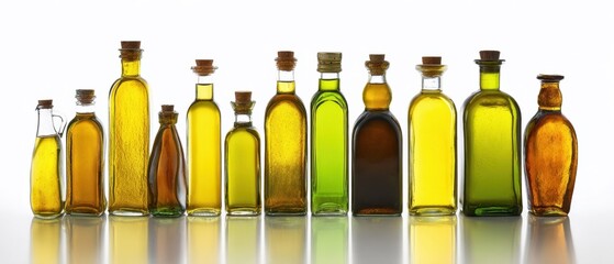 The bottles of olive and cooking oils arranged in a reflective studio still life
