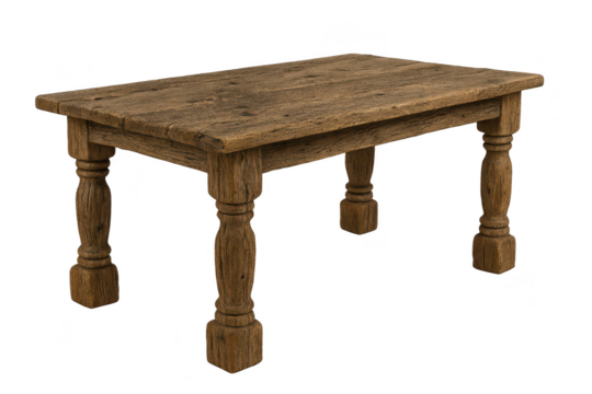Weathered rustic wooden table with carved legs isolated on transparent background - Powered by Adobe