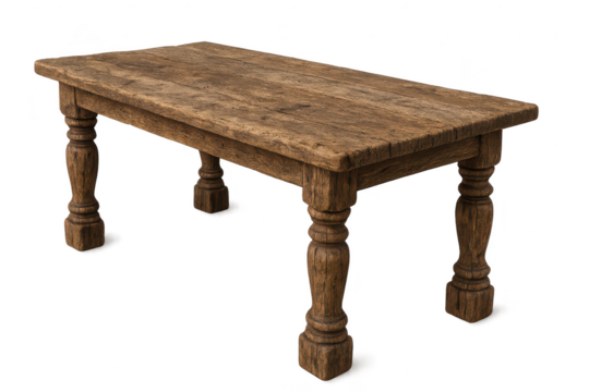 Vintage rustic wooden table with turned legs, isolated on transparent background