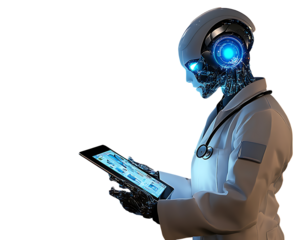 Robot doctor with glowing tablet showing medical charts and data healthcare technology isolated on a transparent background