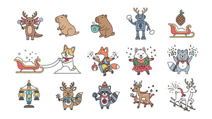 Festive Forest Friends: A charming ensemble of woodland creatures, each embodying the spirit of celebration and joy, in vibrant holiday illustrations. 